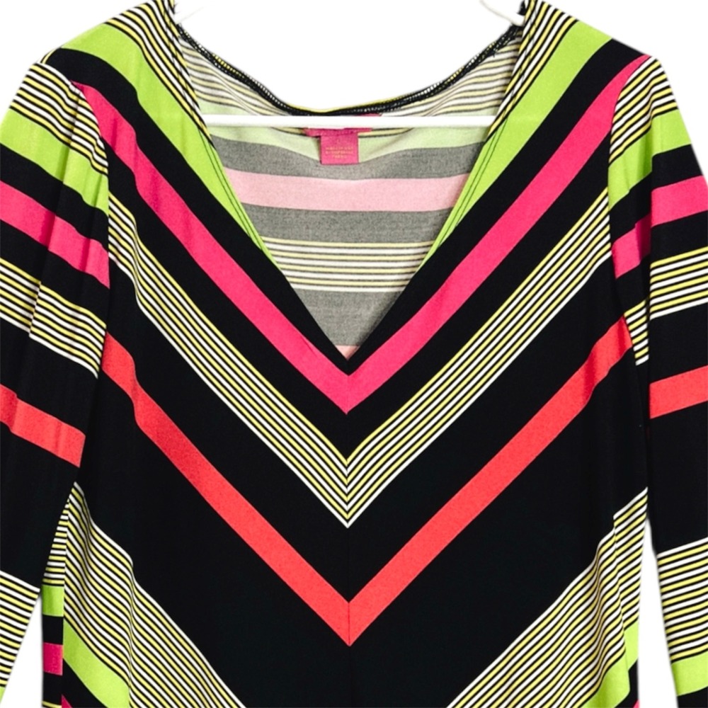 Sunny Leigh Womens Chevron Stripe V-Neck Bell Sleeve Tunic Dress Neon Black L - Picture 7 of 7